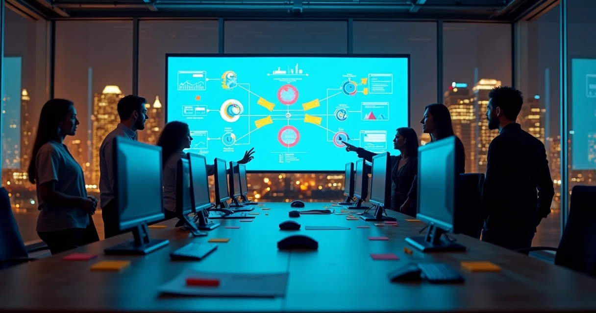 Painel com mapa mental colorido de métricas de SEO avançado em tela grande 