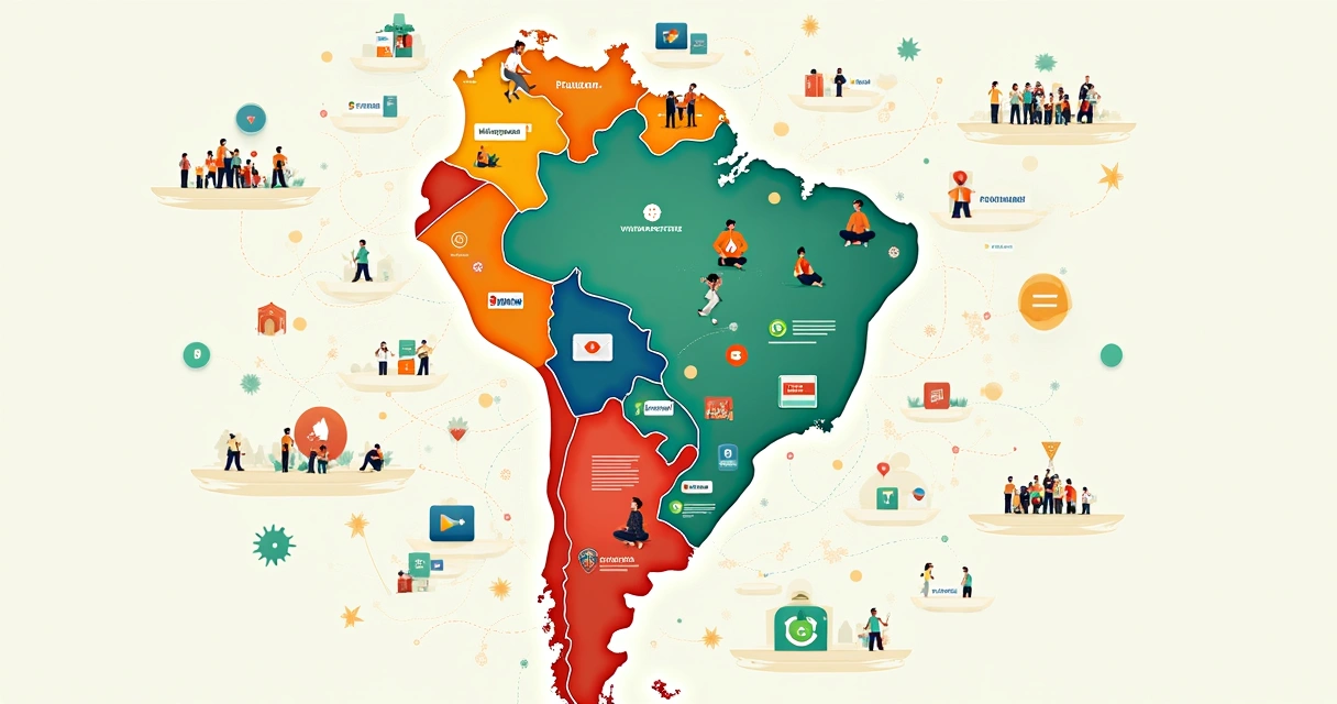 Ilustração de um mapa do Brasil com microterritórios destacados em cores variadas e pessoas próximas bordas regionais. 