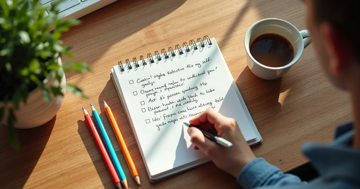 Mão escrevendo em caderno perguntas para autoconhecimento 