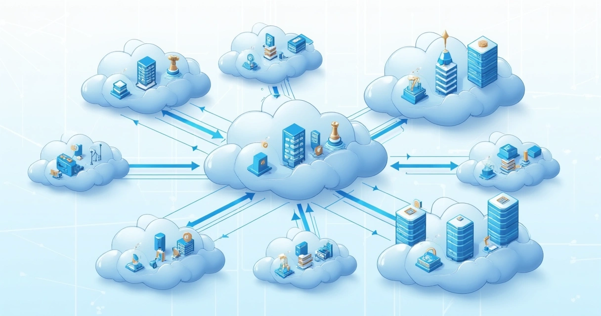 Mapa esquemático de arquitetura multicloud com conexões entre diferentes provedores 