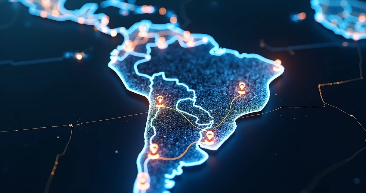 Mapa do Brasil com filiais conectadas por linhas digitais 