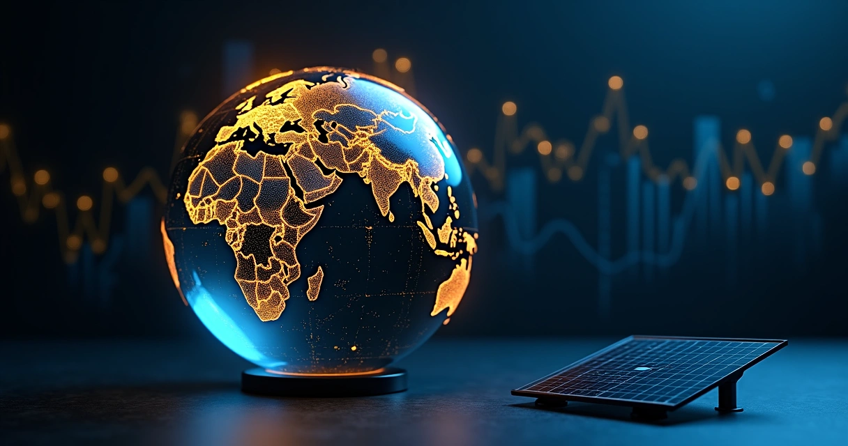 Mapa mundi iluminado com ícones de energia solar em destaque 
