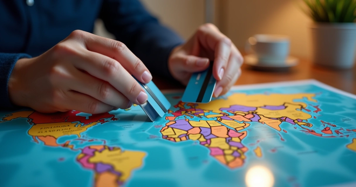 Mãos colocando cartões de crédito sobre mapa-múndi com linhas de rotas aéreas 