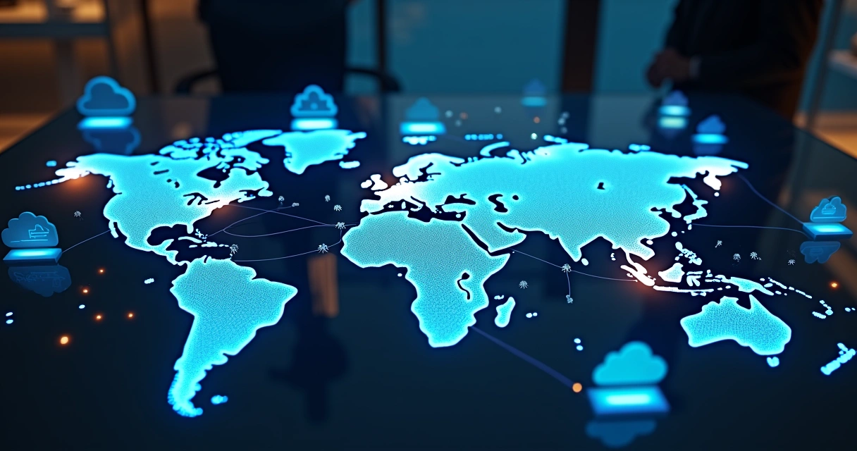 Mapa de rede em nuvem ligando aplicativos SaaS a vários pontos do mundo 
