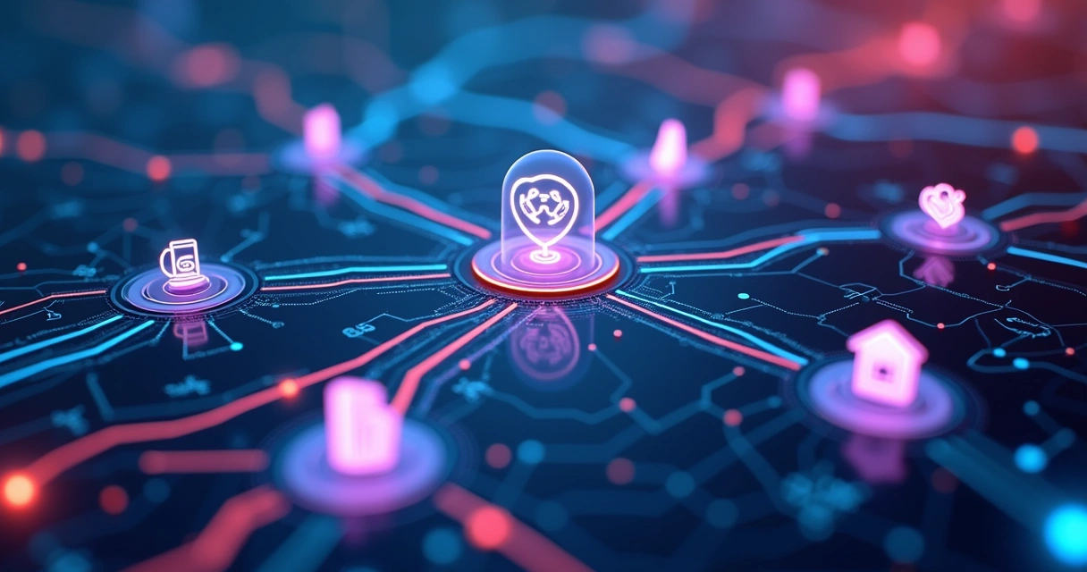 Mapa com diferentes segmentos de mercado digital conectados por linhas coloridas 