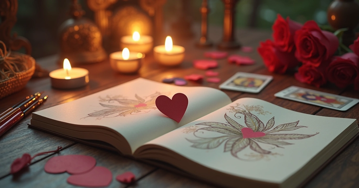 Mapa numerológico com corações, velas e cartas de tarot. 