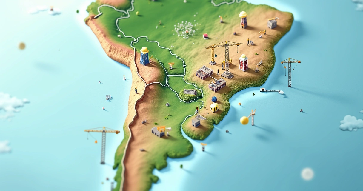 Mapa do Brasil com informações de obras em andamento e regiões de destaque 