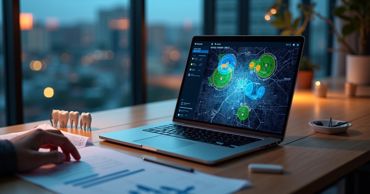 Gestor de clínica odontológica ajustando áreas de geotargeting em mapa digital 
