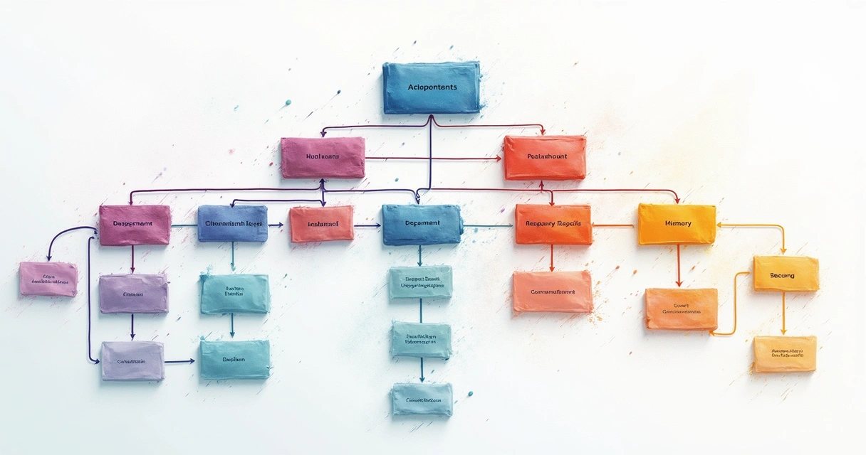 Mapa organizacional com setores conectados por linhas representando fluxos e áreas de tensão 