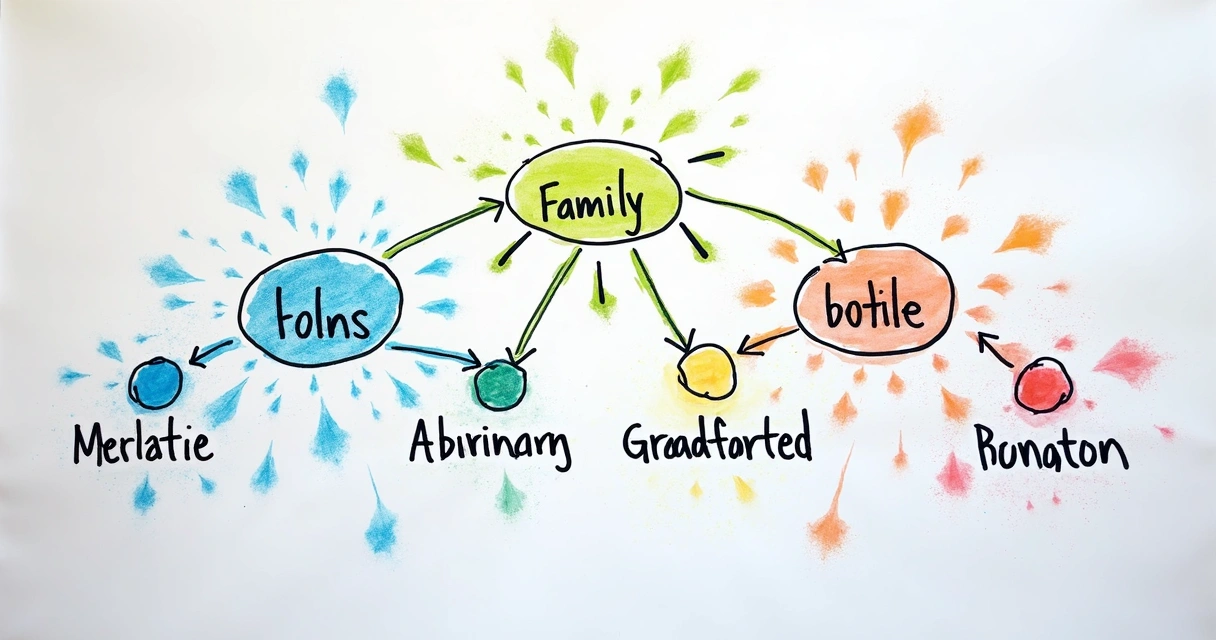 Desenho de uma árvore genealógica feita à mão, com setas marcando repetições 