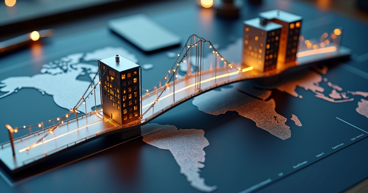 Mapa-múndi minimalista com duas empresas conectadas por ponte metálica 