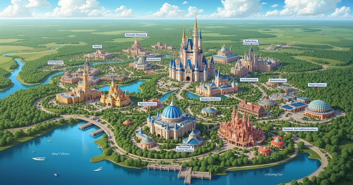 Mapa ilustrativo dos parques Disney em Orlando mostrando as entradas e os trajetos entre eles