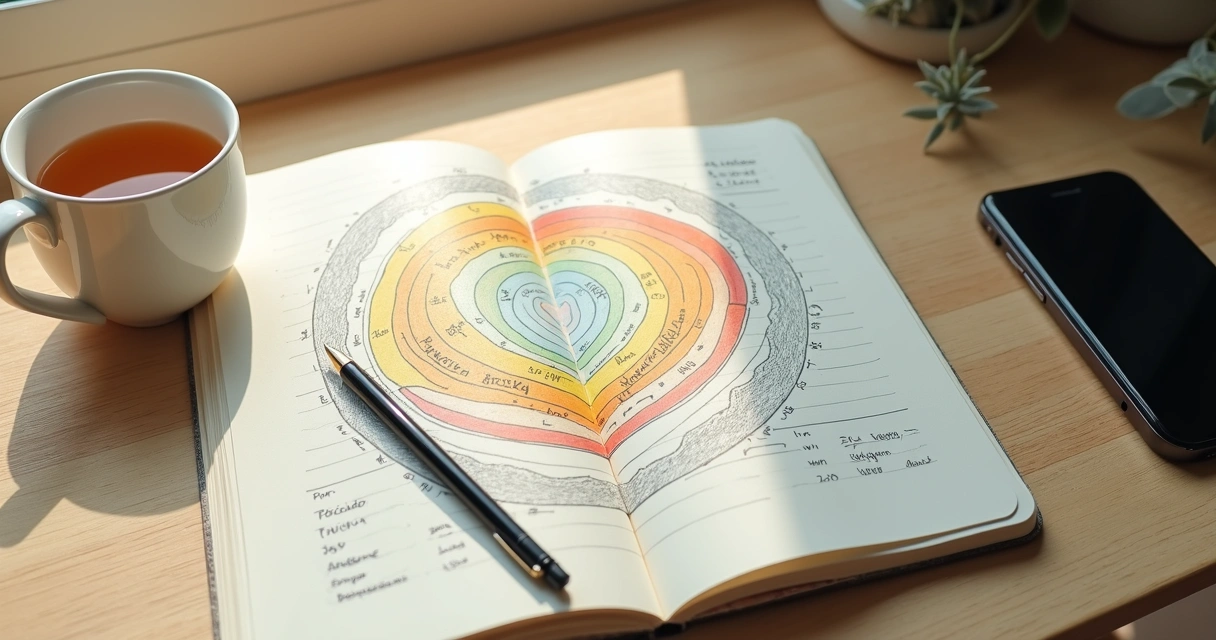 Cuaderno con mapa de emociones diarias dibujado sobre una mesa de madera clara 