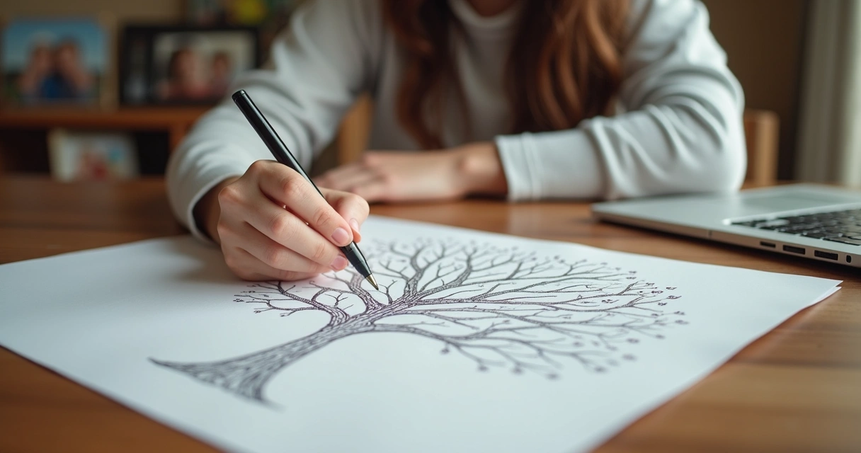 Persona dibujando un mapa de patrones familiares en hoja blanca 