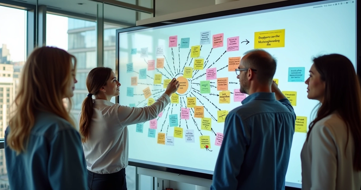 Mapa conceitual colorido mostrando personas de público e setas direcionando para diferentes jornadas 