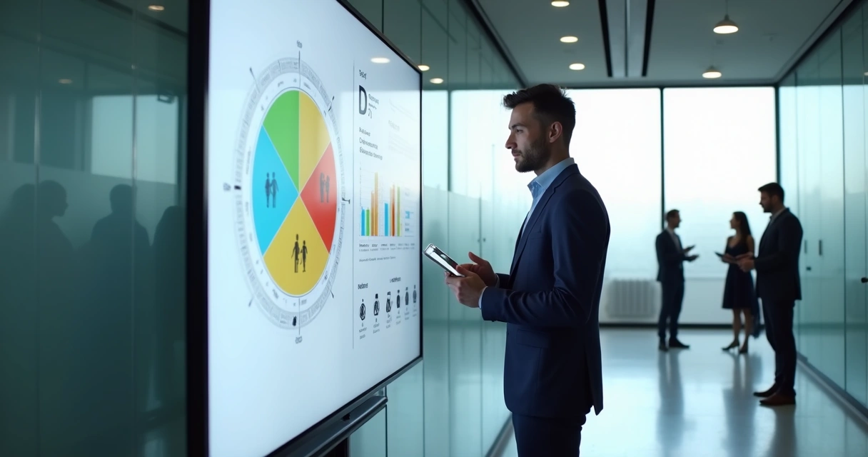 Profissional de RH analisando mapa de perfis comportamentais DISC em grande tela colorida 