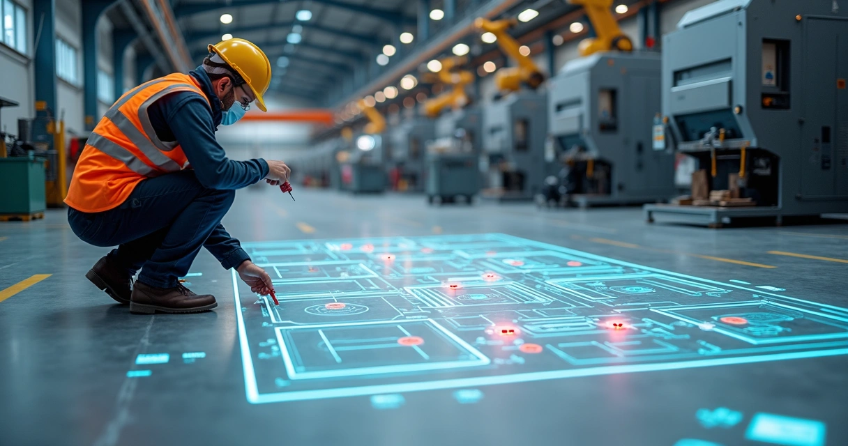 Engenheiro marcando pontos de risco em grande planta de máquinas no chão da fábrica 