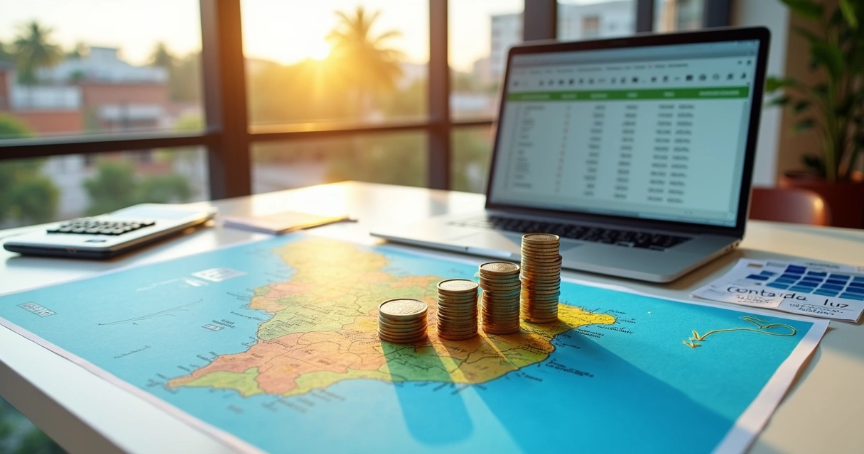 Mapa de Pernambuco com dinheiro e ícones de energia solar formando caminho de economia 
