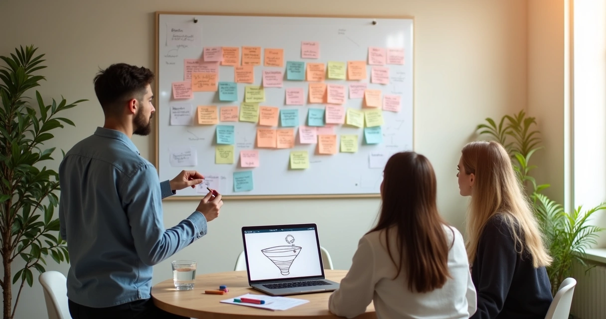 Equipe definindo persona com post-its na parede 