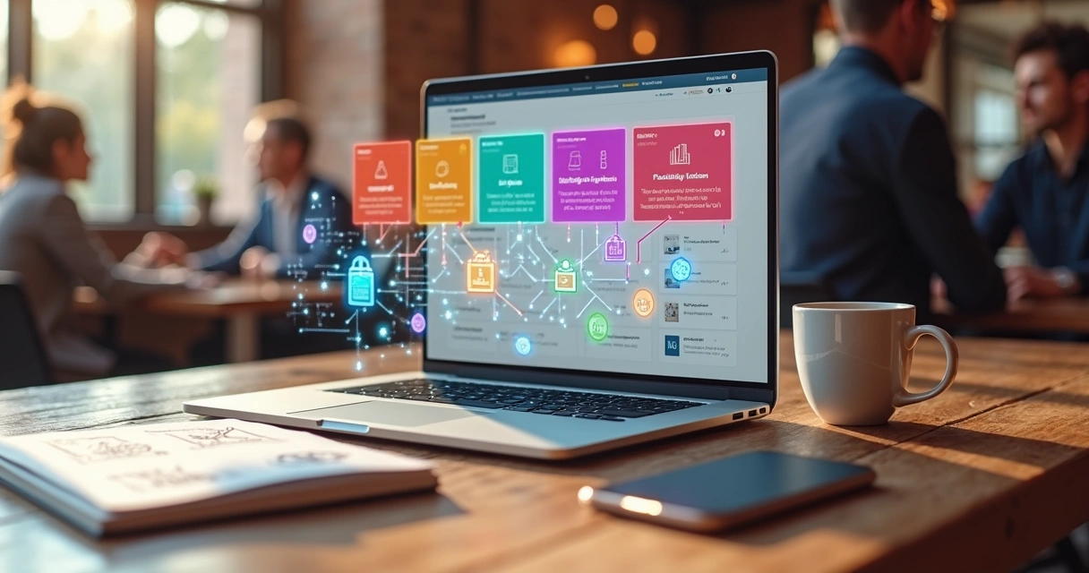 Mesa com laptop exibindo painéis de várias plataformas de afiliados conectadas por linhas coloridas 