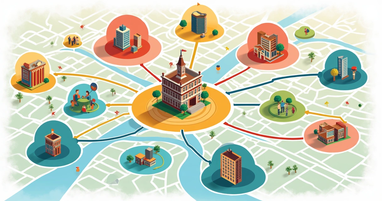 Mapa ilustrativo com círculos conectando lideranças, instituições e eleitores em uma cidade pequena.