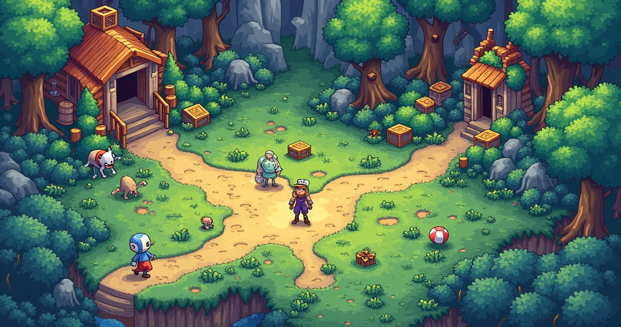 Treinador de Pokémon explorando mapa amplo com criaturas e itens especiais