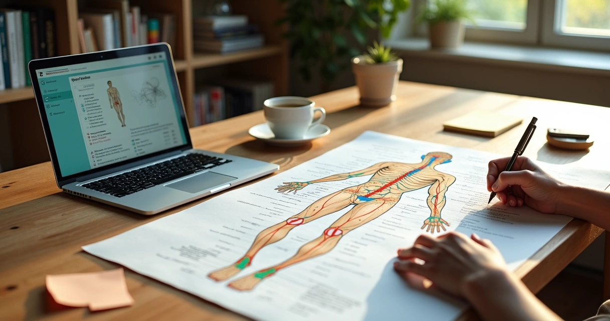 Estudante analisando mapa colorido de pontos de acupuntura em fórmula de estudo 