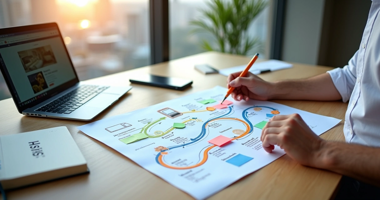 Gestor de hotel criando mapa colorido da jornada do hóspede em mesa de trabalho 