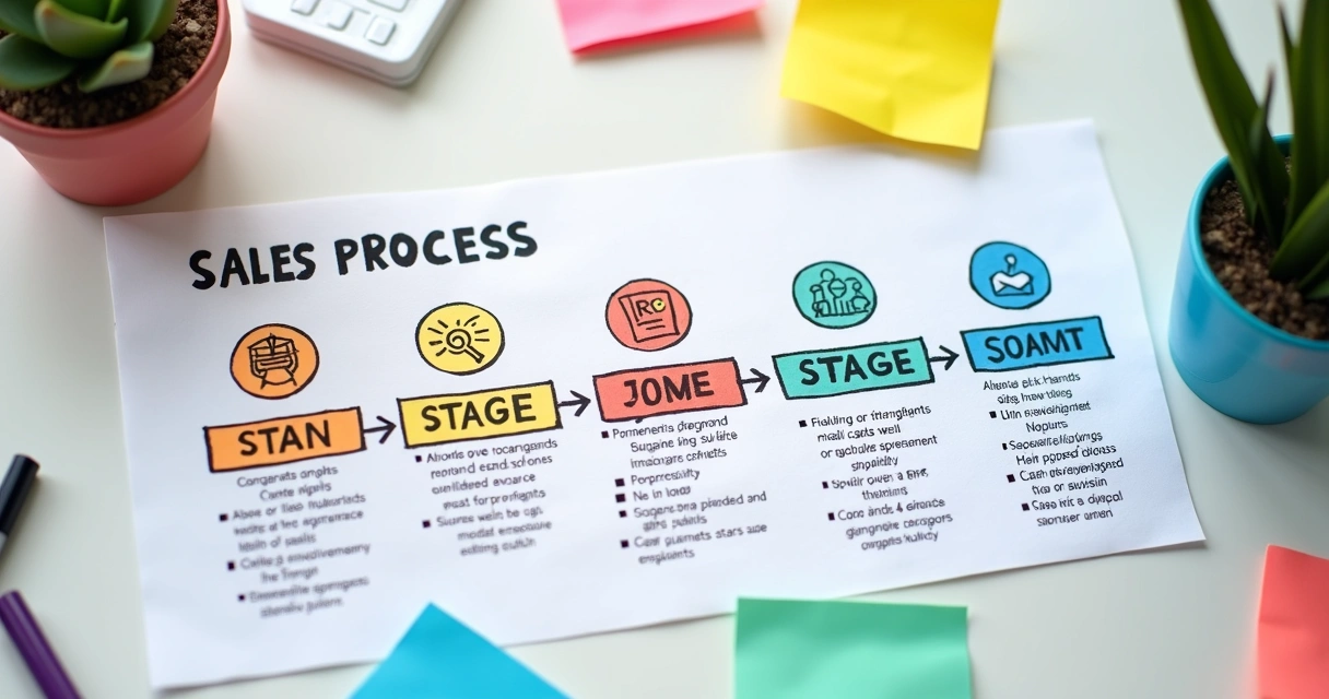 Diagrama mostrando mapa do processo de vendas com cinco etapas alinhadas horizontalmente