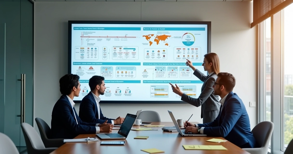 Equipe avaliando mapa de processos e indicadores em tela grande 