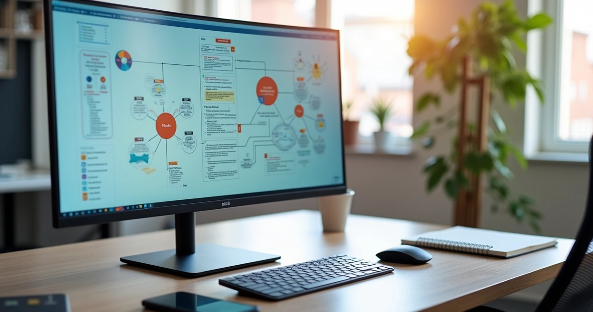 Fluxograma digital detalhado em tela de computador mostrando etapas de automação com n8n e Make 