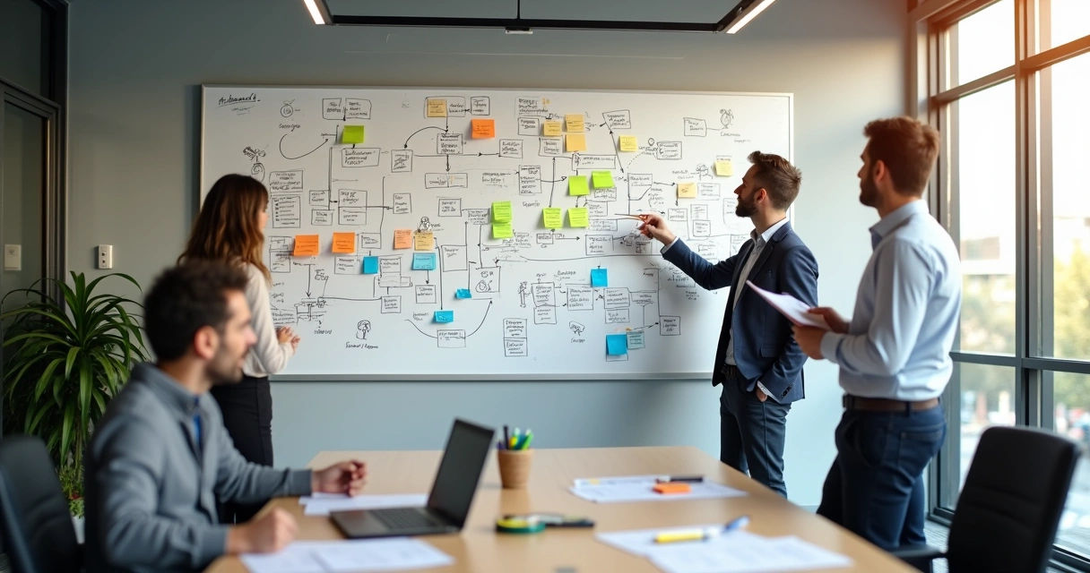 Grande quadro branco com mapa visual de processos e etapas marcadas para automação 