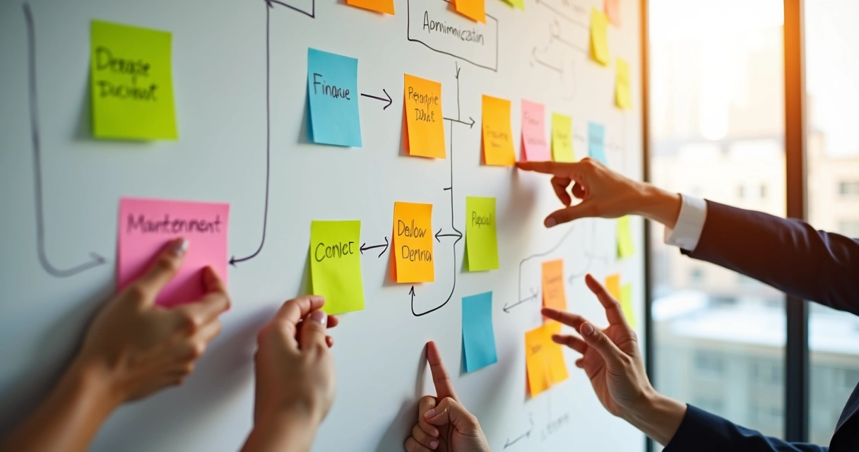 Mapa dos processos internos do condomínio em uma parede com post-its coloridos 