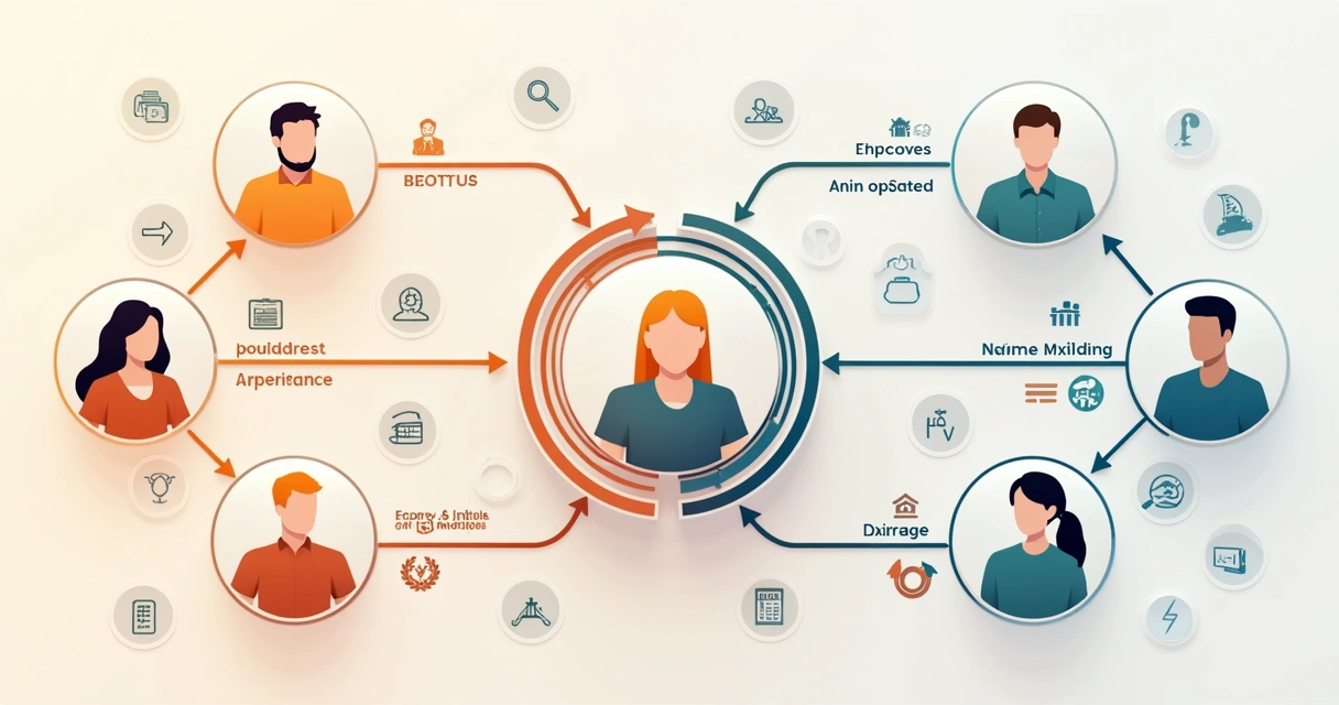 Mapa visual de processos destacados com perfis de colaboradores em diferentes funções