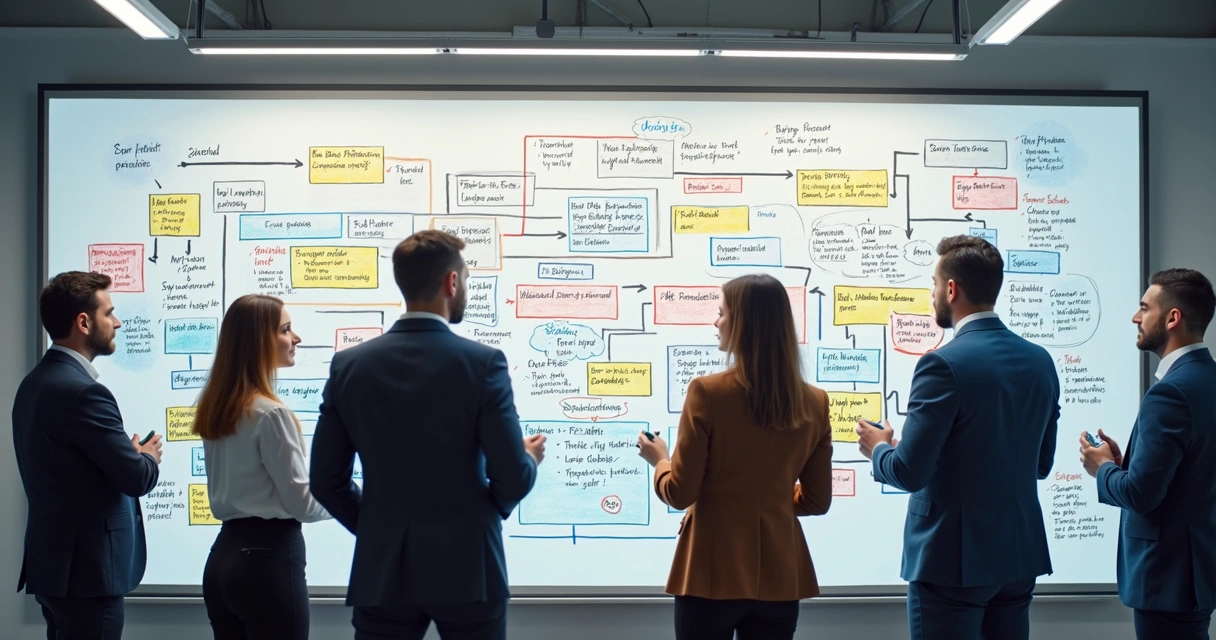 Fluxograma de processos da distribuidora desenhado em quadro branco 