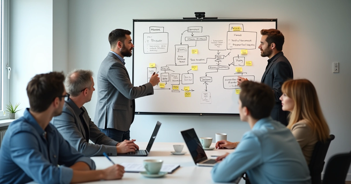 Fluxograma de processos empresariais desenhado em quadro branco por equipe 