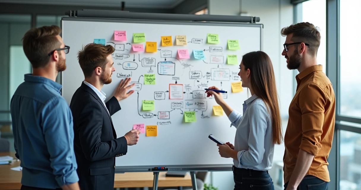 Fluxo de processos empresariais desenhado em quadro branco