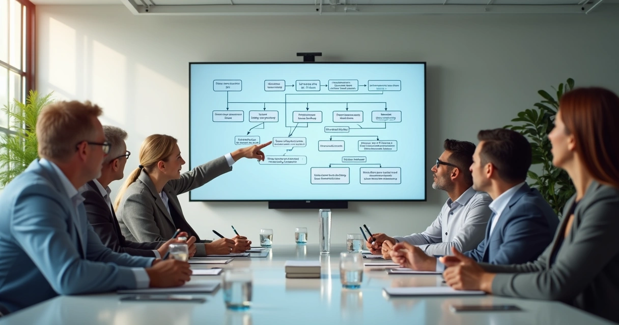 Diagrama de fluxo de processo empresarial com pessoas analisando etapas 