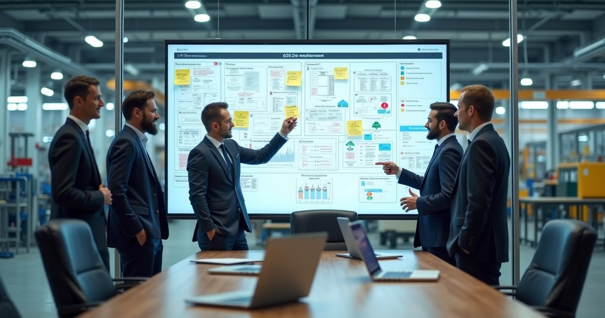 Gestores analisando mapa de processos industriais em sala de reunião 