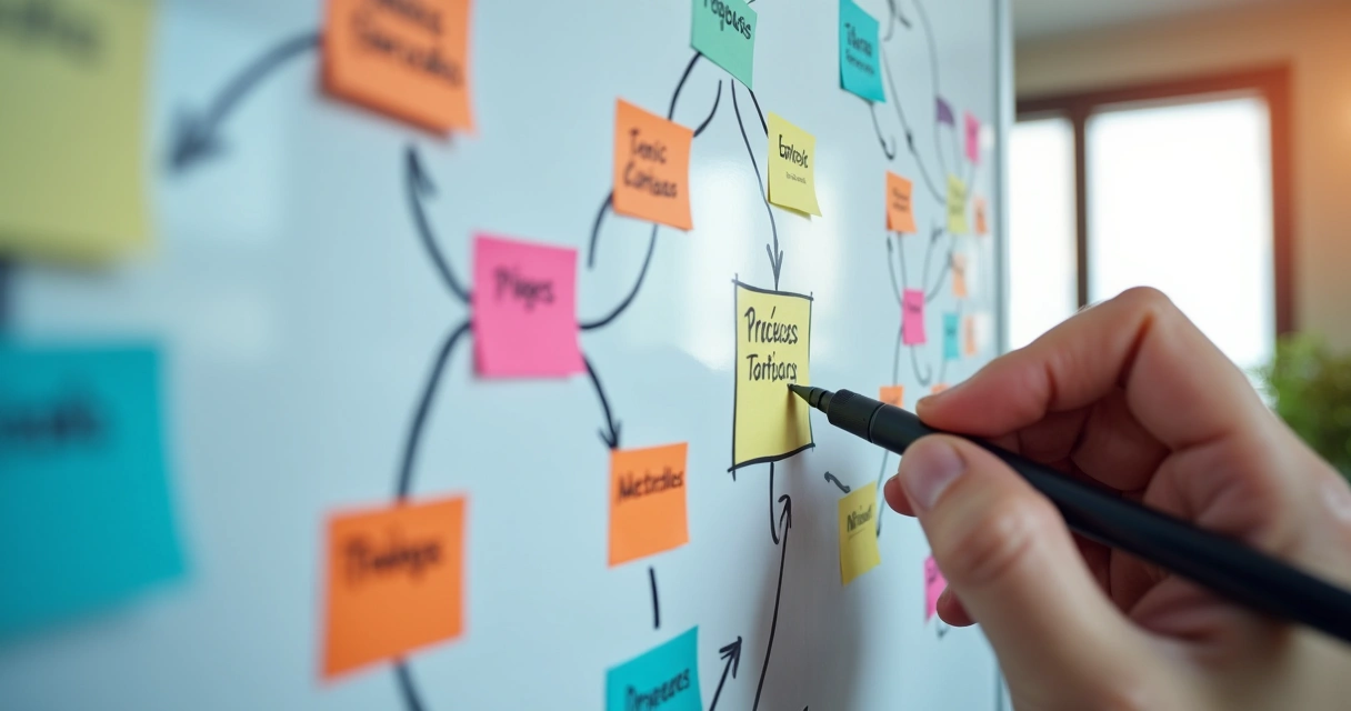 Mapa de processos empresariais em quadro branco 