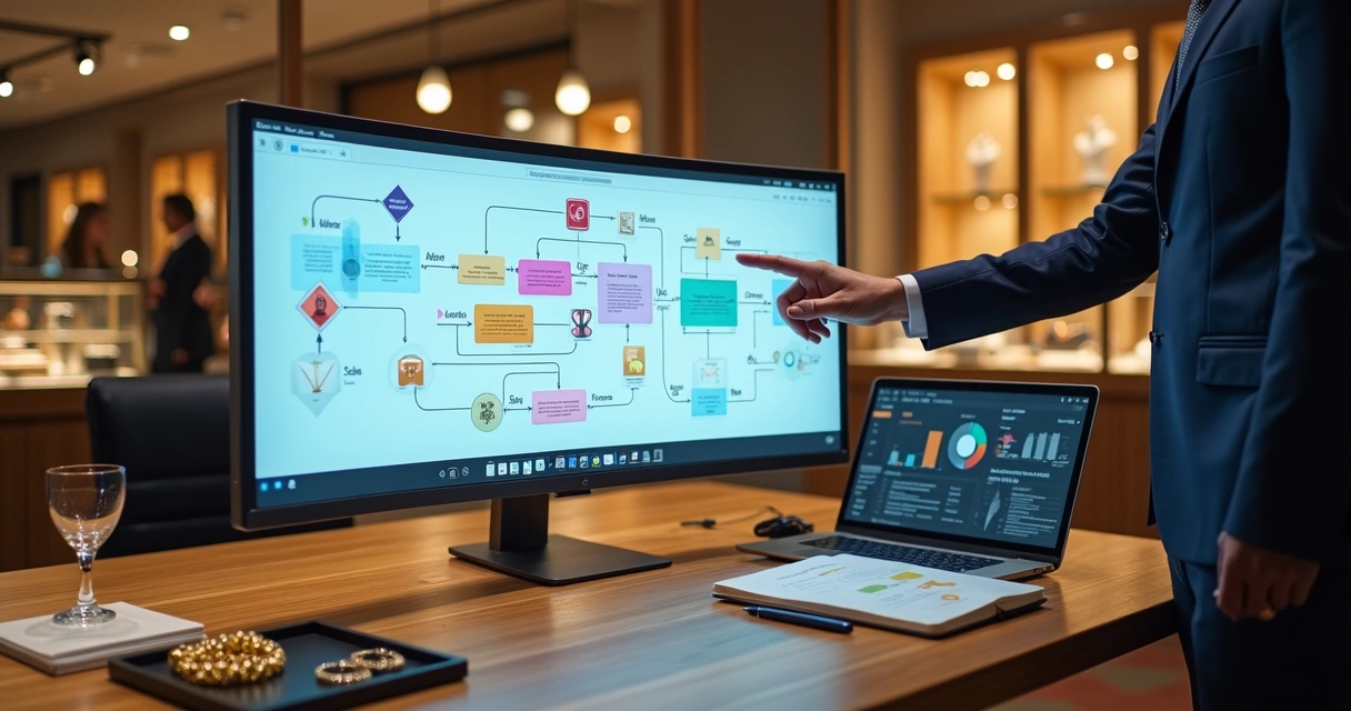 Gestor de joalheria analisando mapa de processos em tela com joias e gráficos ao fundo 