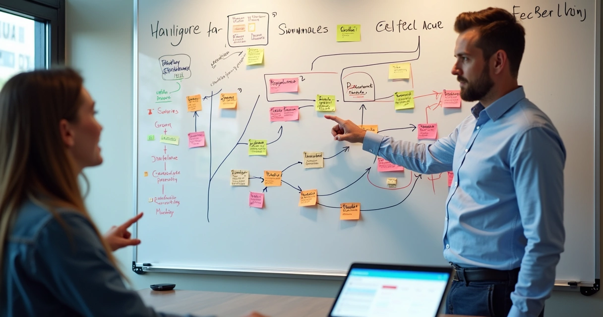 Fluxo de processo desenhado em quadro branco 