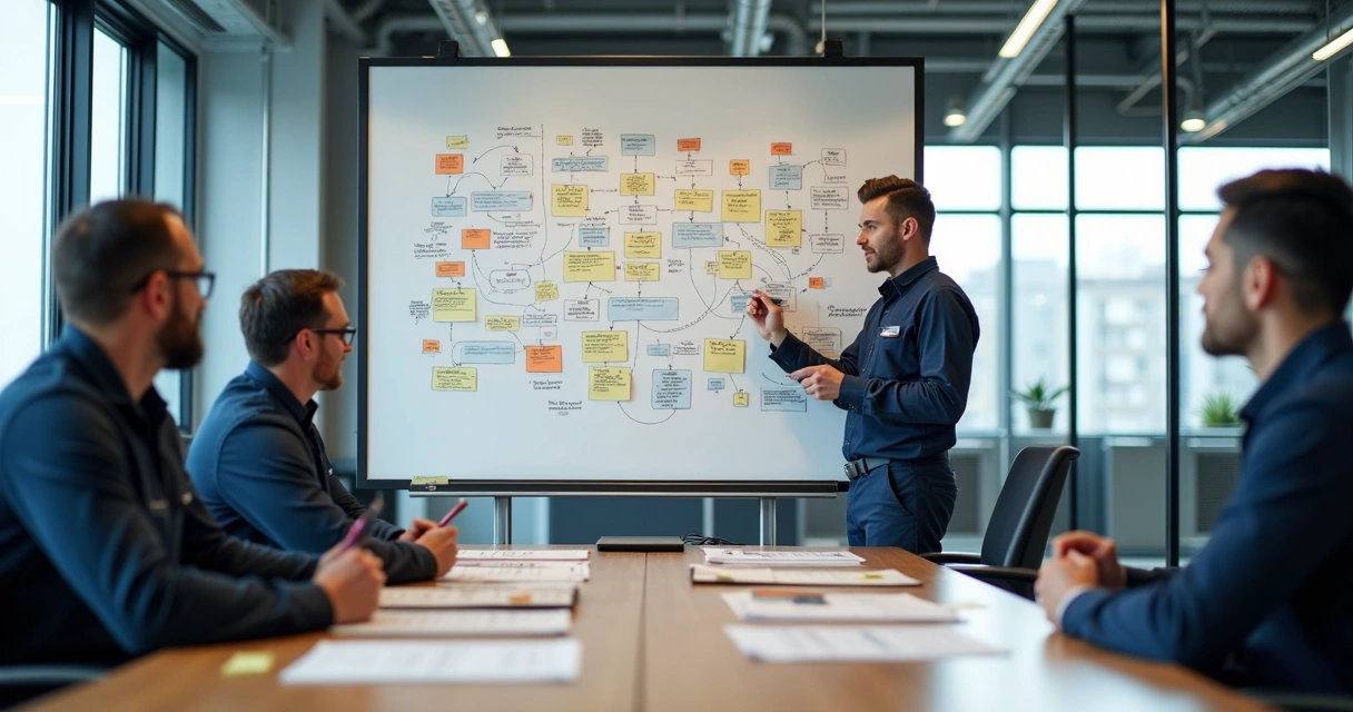 Mapa de processos da manutenção industrial desenhado em quadro branco 