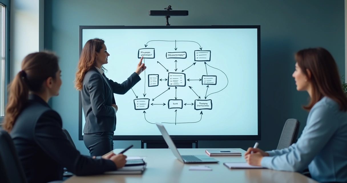 Mapa visual de processos remotos com conexões entre áreas e tarefas 