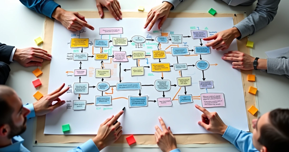 Fluxograma colorido de um processo de negócios visto de cima mostrando etapas interligadas, papéis destacados e áreas para automação em destaque 