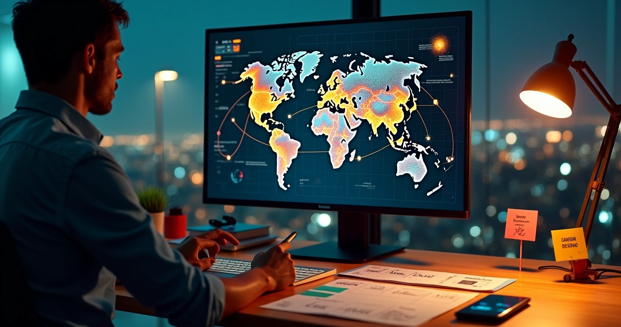 Profissional cercado por ícones traçando rota de prospecção de clientes em mapa digital 