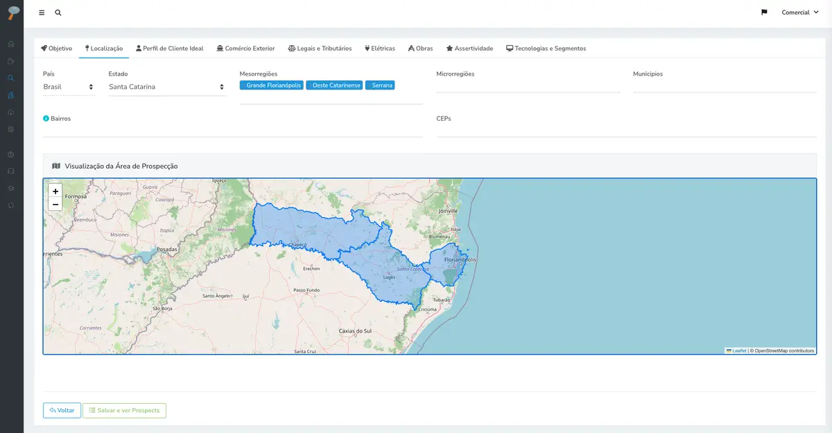 Mapa destacando regiões de Santa Catarina para prospecção comercial