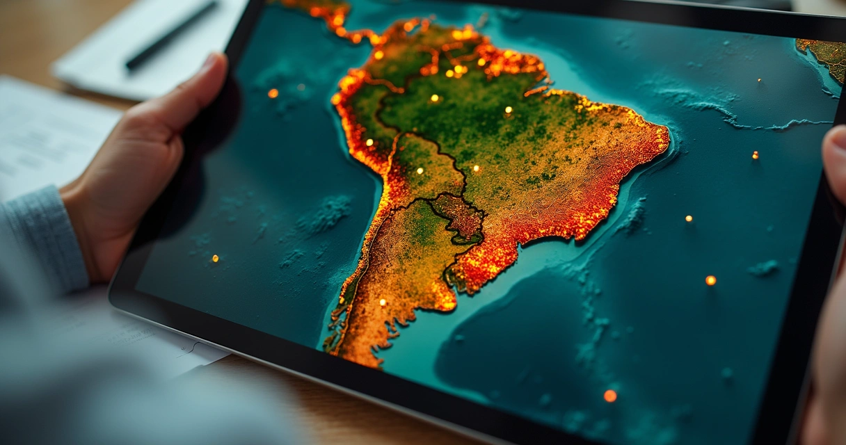 Mapa digital com alertas de queimadas sobre área de floresta 