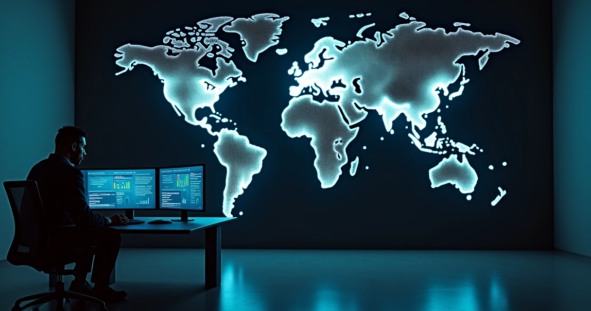 Mapa estilizado da América Latina com rede de dados em destaque 
