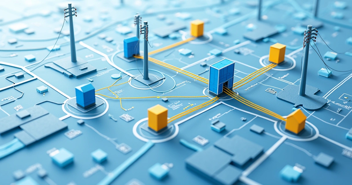 Mapa digital com ícones de postes, caixas e clientes conectados 